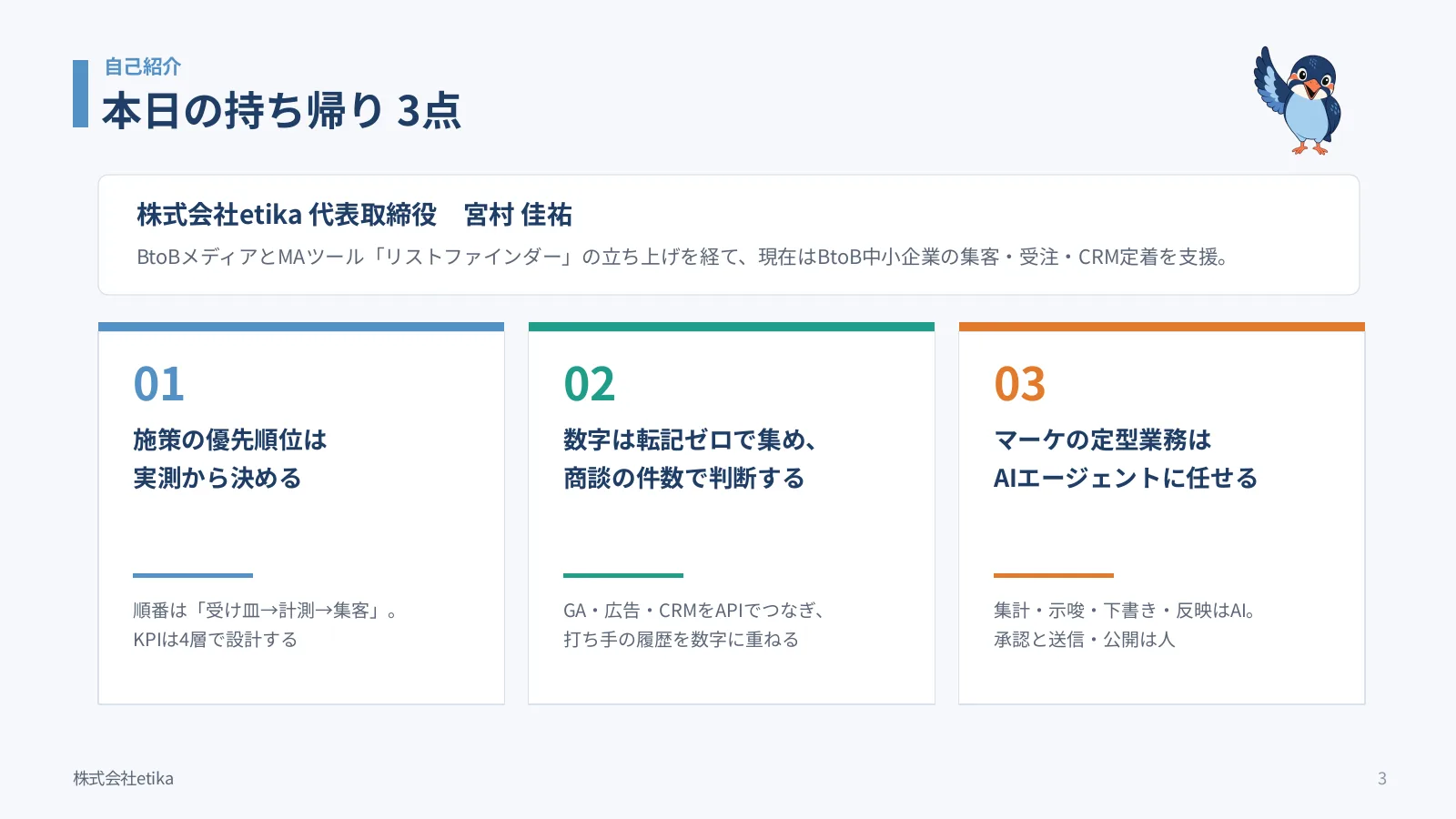本日の持ち帰り3点。01 施策の優先順位は実測から決める、02 数字は転記ゼロで集め商談の件数で判断する、03 マーケの定型業務はAIエージェントに任せる