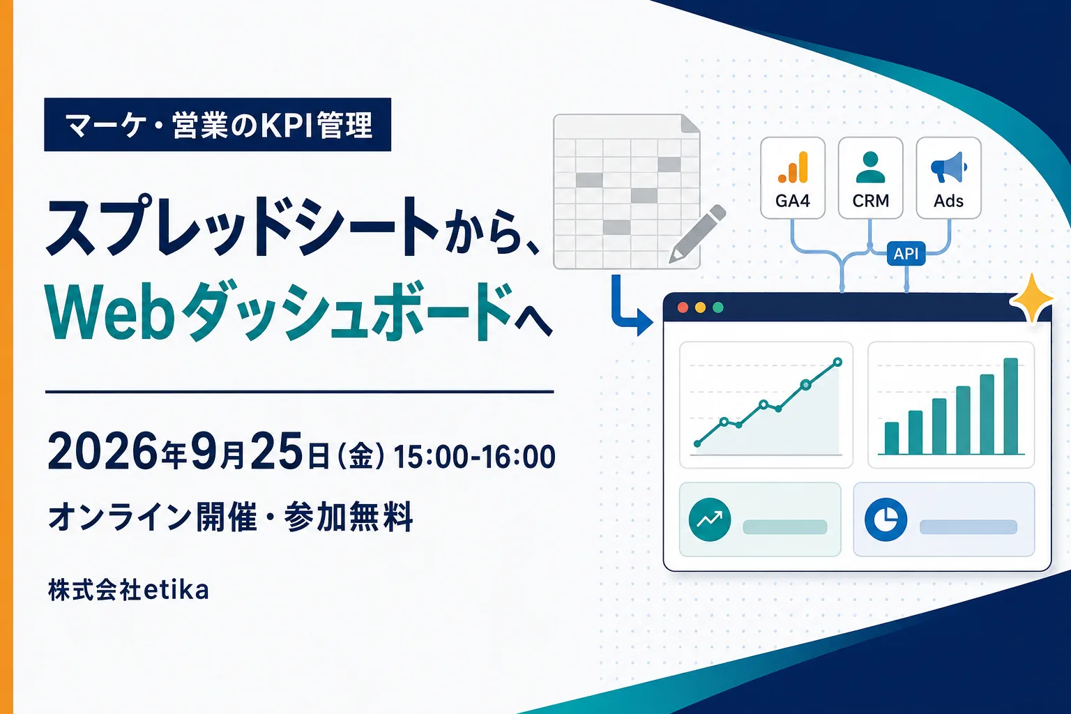 セミナー告知バナー。マーケ・営業のKPI管理「スプレッドシートから、Webダッシュボードへ」2026年9月25日（金）15:00〜16:00 オンライン開催・参加無料。主催は株式会社etika
