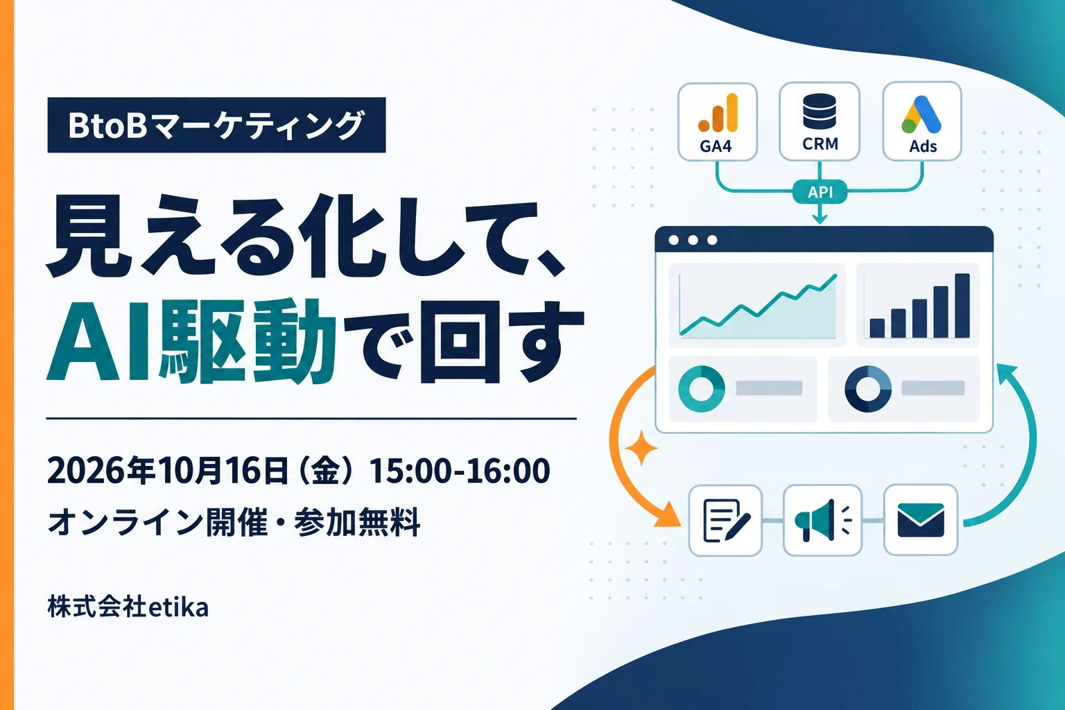 セミナー告知バナー。BtoBマーケティングを「見える化して、AI駆動で回す」2026年10月16日(金)15:00〜16:00 オンライン開催・参加無料。主催は株式会社etika