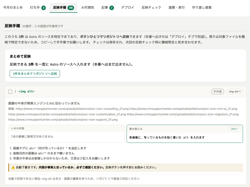 運用画面「反映手順」。画像のalt属性が不足している指摘に対し、いまの状態と置き換える文章が左右に並び、まとめてリポジトリへ反映するボタンが表示されている