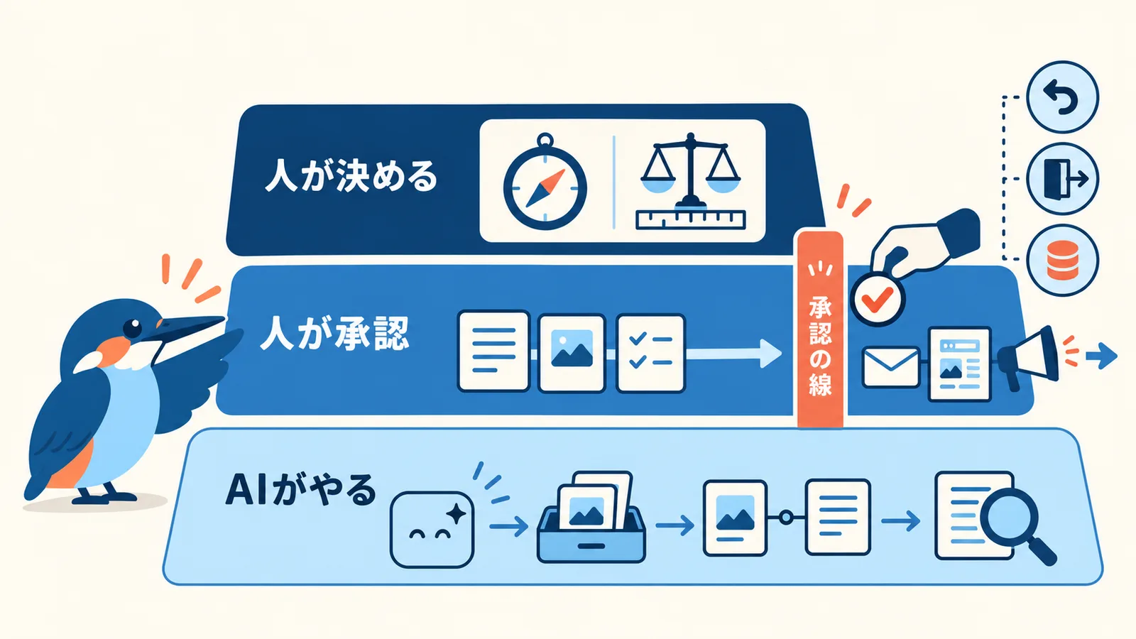 マーケティング業務をAIがやる作業、人が承認する操作、人が決める判断の3段に分け、送信や公開など外に出る直前に人の承認の関門を置く線引きを示す図