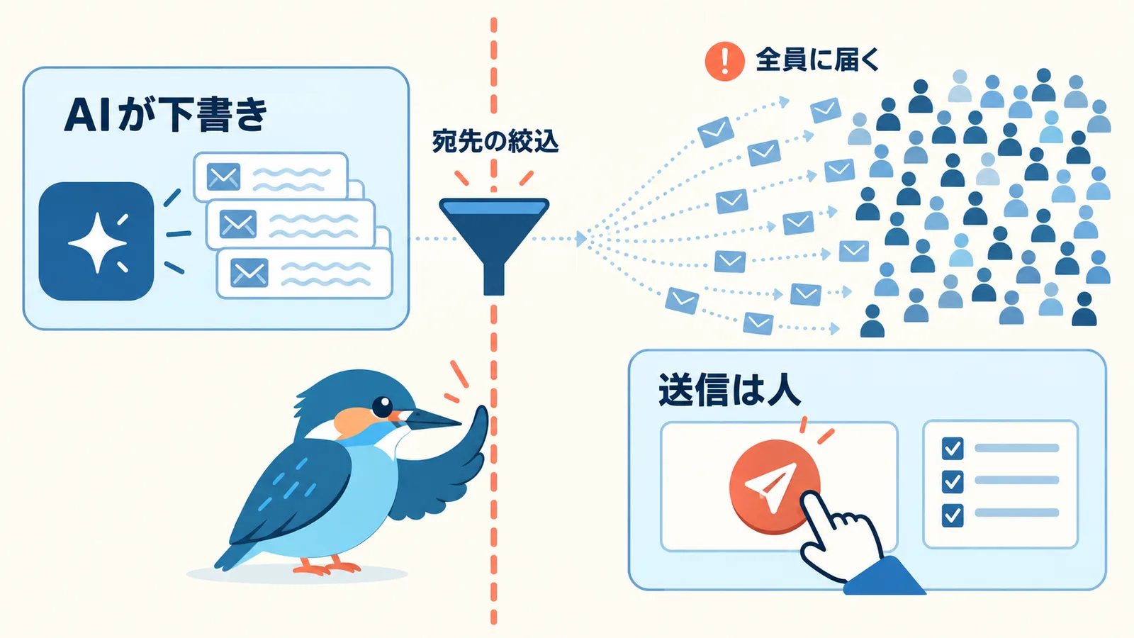 メルマガの下書き作成と宛先の絞り込みまではAIが担い、送信ボタンは人が押すという任せる範囲の境界線を示す図。絞り込みが効かず全員に届く危険も描く